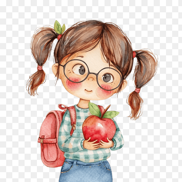 Cute Girl with Backpack and Apple Clipart