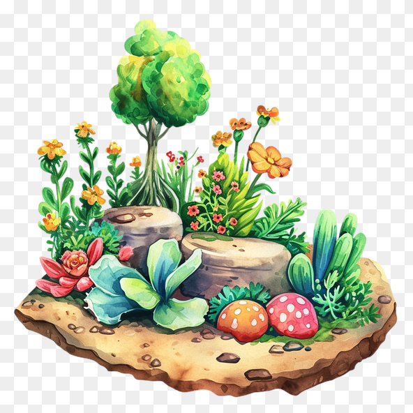 Watercolor Garden With Mushrooms Clipart