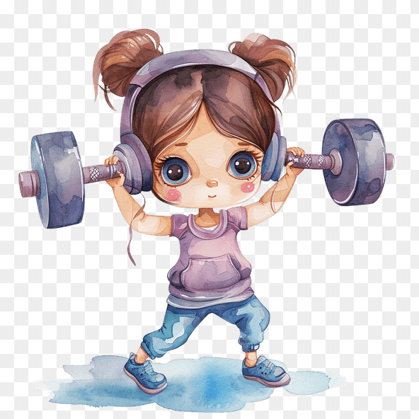 Cute Girl Lifting Weights Watercolor Clipart