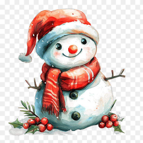 Cute Snowman in Red Hat and Scarf