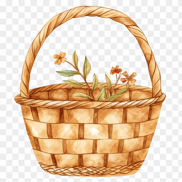 Watercolor Wicker Basket with Flowers Clipart