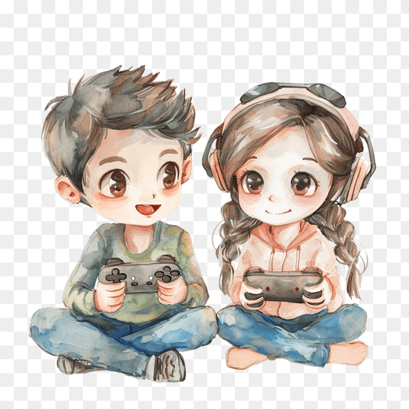 Cute Gamer Couple Watercolor Clipart