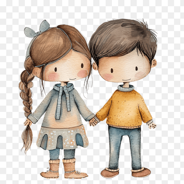Cute Cartoon Watercolor Kids Holding Hands Clipart