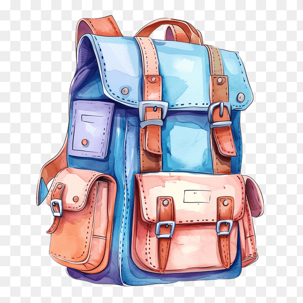 blue and pink watercolor backpack clipart