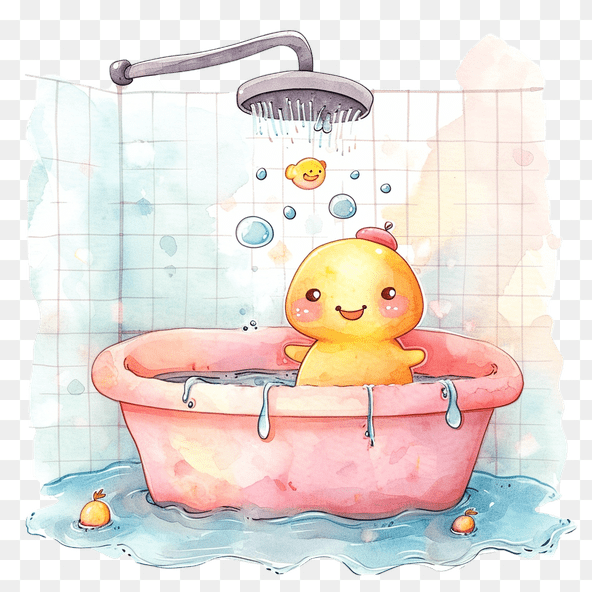 Cute Yellow Duck Taking Bath Clipart