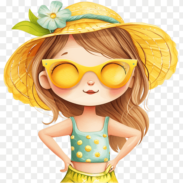 cartoon girl in summer hat and sunglasses clipart