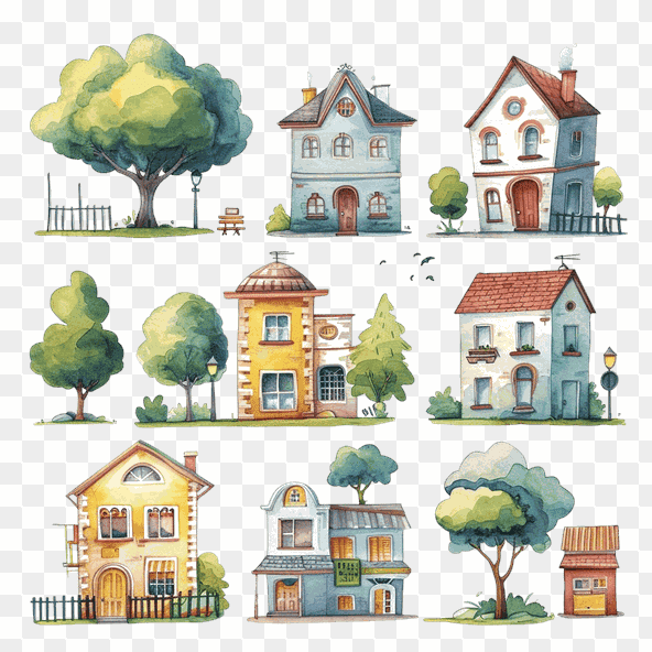 Watercolor Clipart Cute Cartoon Houses Set