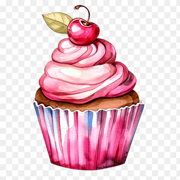 Pink Cherry Cupcake Watercolor Clipart