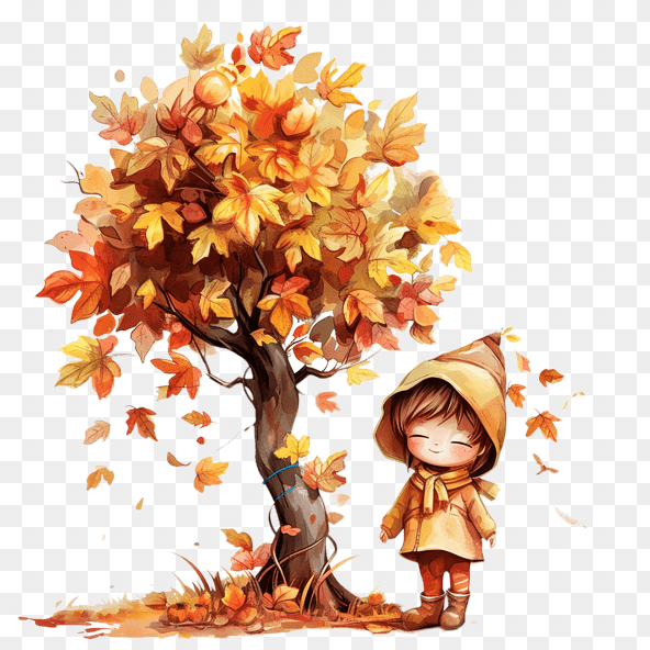 cute fall tree and girl clipart