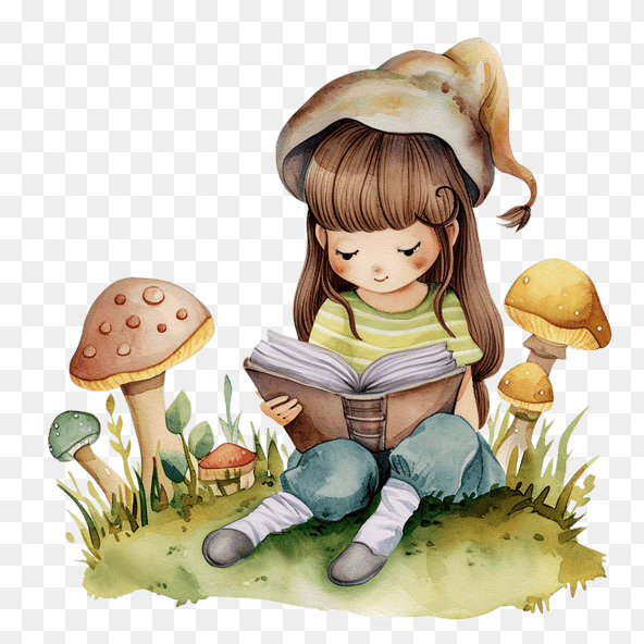 Cute Girl Reading Book In The Forest Clipart