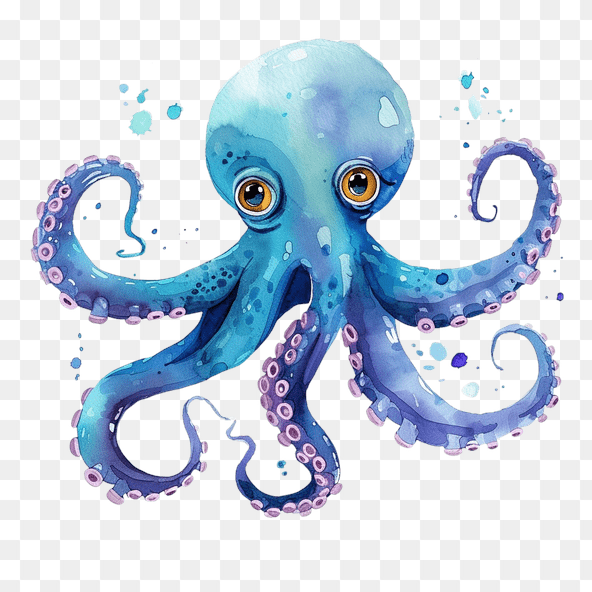 Cute Blue Octopus Watercolor Clipart