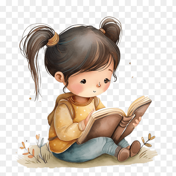 Cute Girl Reading Book Illustration Clipart