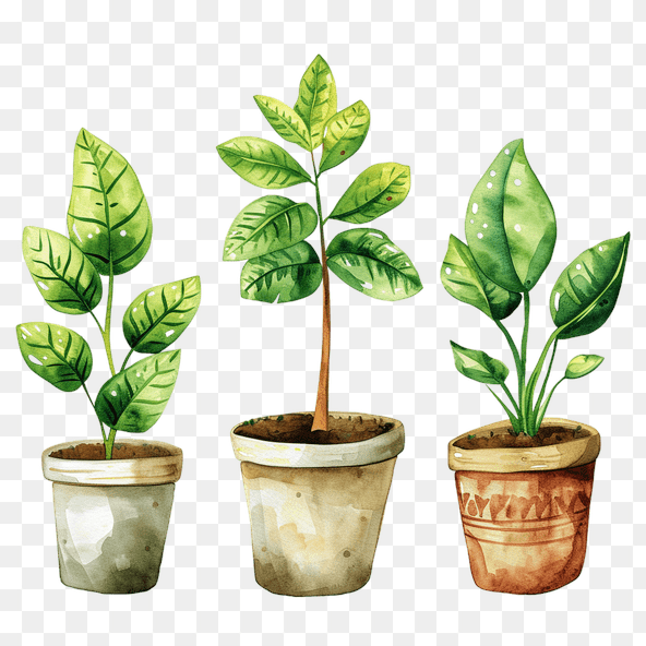 Watercolor Green Plants In Pots Clipart