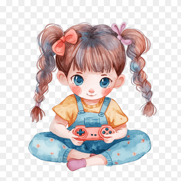 Cute little gamer girl holding a gamepad clipart