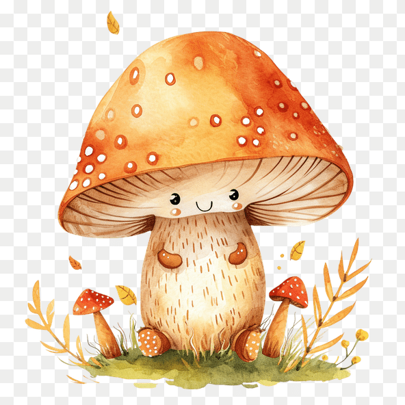 Cute Cartoon Mushroom Watercolor Clipart