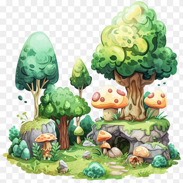 Cartoon Forest Scene With Mushrooms Clipart