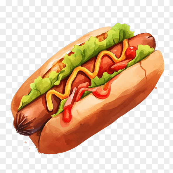 Watercolor Hot Dog With Mustard And Ketchup Clipart