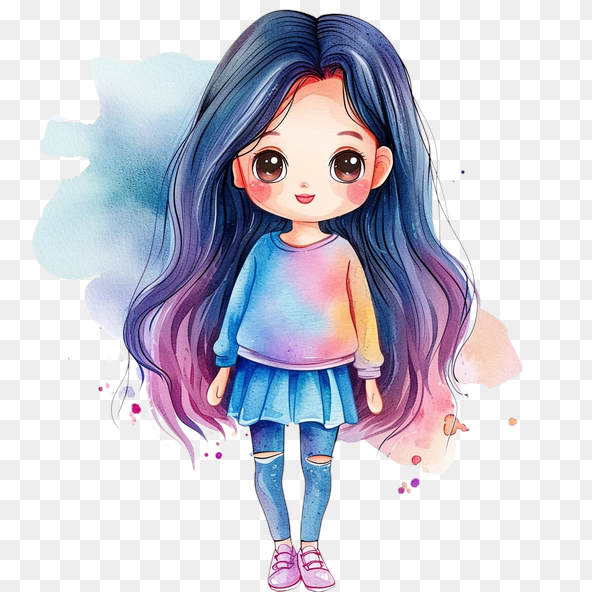 Cute Cartoon Girl Watercolor Clipart