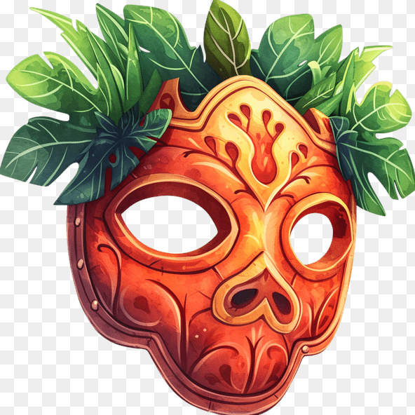 Orange Tribal Mask With Green Leaves Clipart