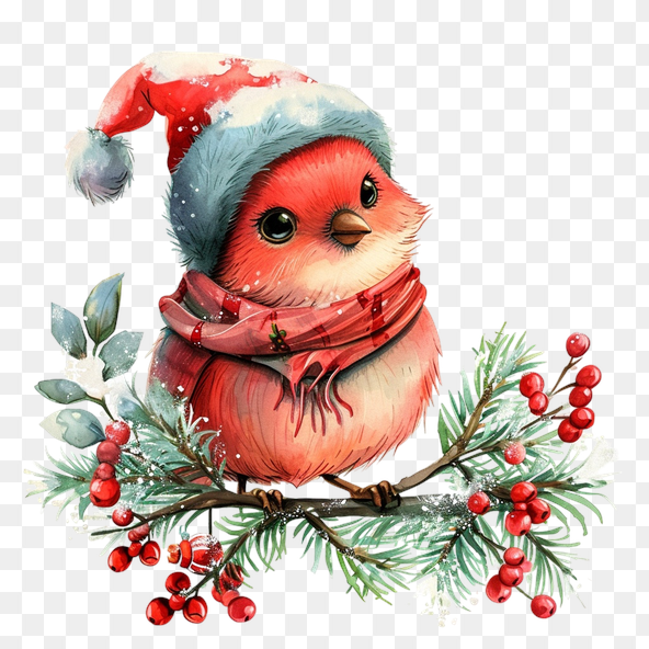 Cute Red Bird in Santa Hat Clipart