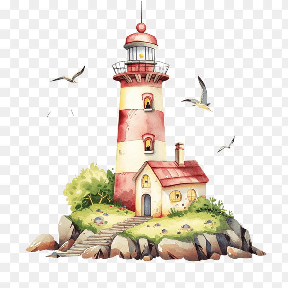 Red and White Lighthouse Watercolor Clipart