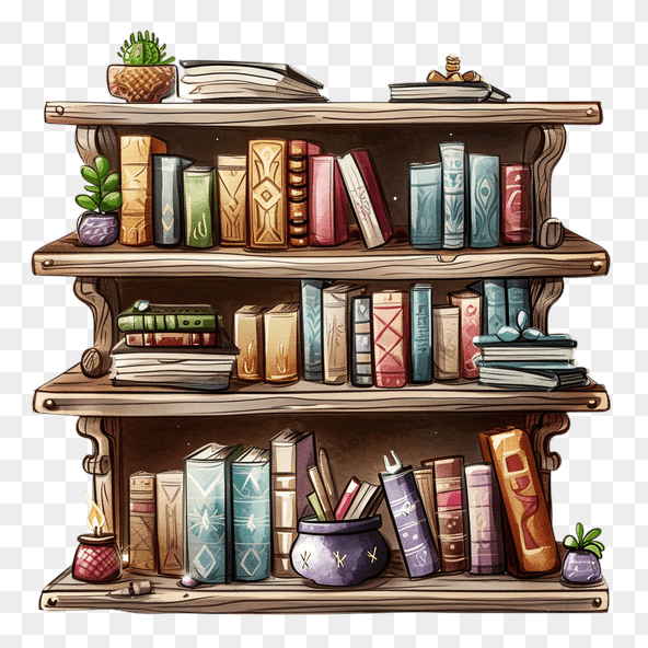Wooden Bookshelf with Fantasy Books Clipart