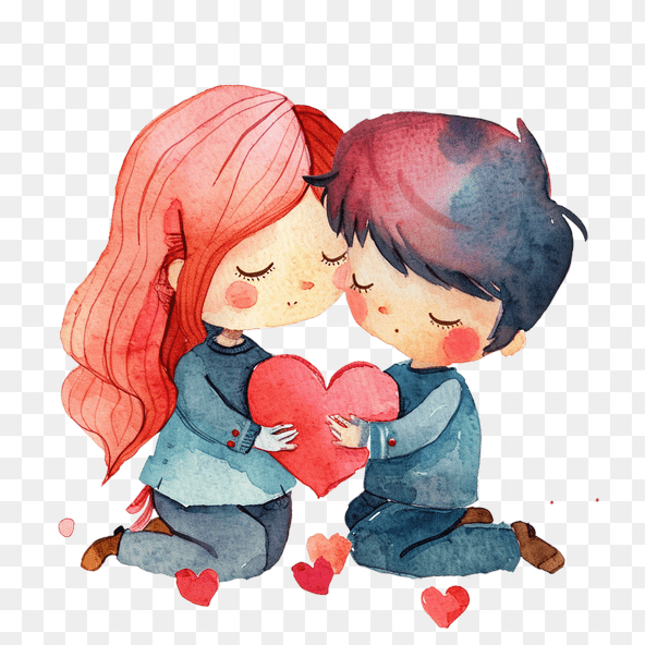 Cute Couple Holding Heart Watercolor Clipart