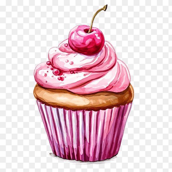 Pink Cherry Cupcake Watercolor Clipart