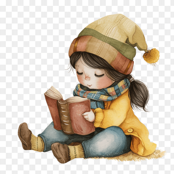 Cute Girl Reading Book Winter Clipart