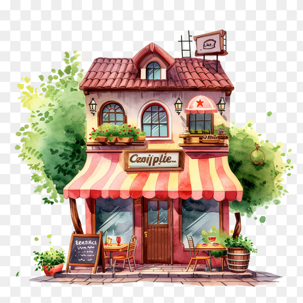 Cute Watercolor Cafe Building Clipart
