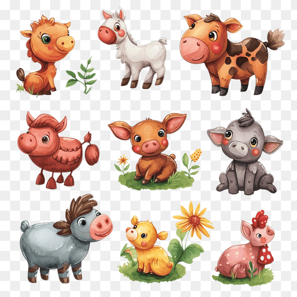 Cute Watercolor Farm Animals Clipart Set