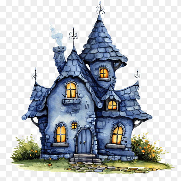 Watercolor Blue Haunted House Clipart