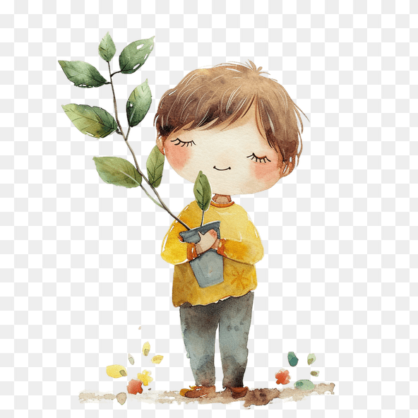 A boy holding a plant clipart