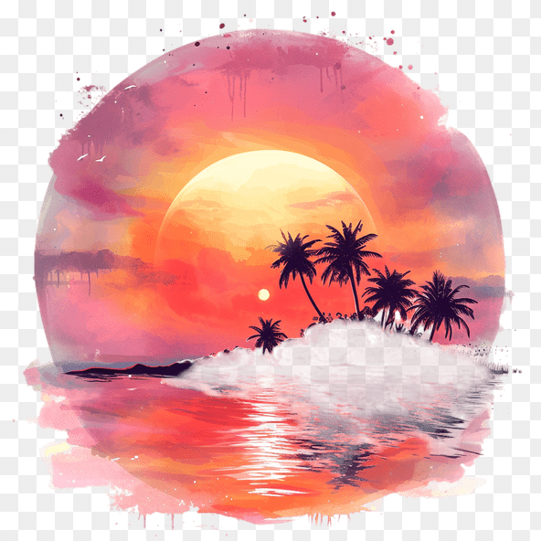 Sunset Palm Tree Island Watercolor Clipart