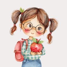 Cute Girl with Backpack and Apple Clipart