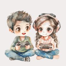 Cute Gamer Couple Watercolor Clipart