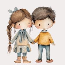 Cute Cartoon Watercolor Kids Holding Hands Clipart