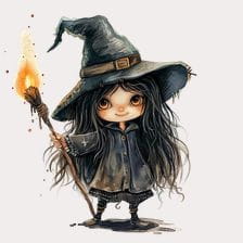 Cute Little Witch with Burning Torch Clipart