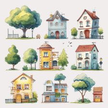 Watercolor Clipart Cute Cartoon Houses Set