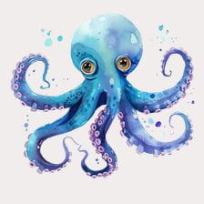 Cute Blue Octopus Watercolor Clipart