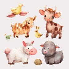 Cute Farm Animals Watercolor Clipart