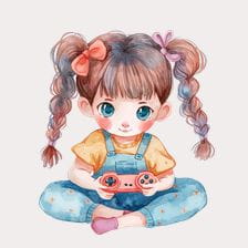 Cute little gamer girl holding a gamepad clipart