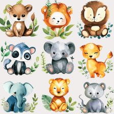 Cute Watercolor Safari Animals Clipart
