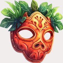 Orange Tribal Mask With Green Leaves Clipart
