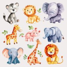 Adorable Watercolor Safari Animals Clipart