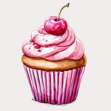 Pink Cherry Cupcake Watercolor Clipart