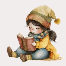Cute Girl Reading Book Winter Clipart
