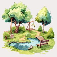 Watercolor Park With Bench Clipart
