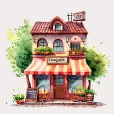 Cute Watercolor Cafe Building Clipart