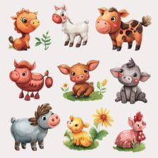 Cute Watercolor Farm Animals Clipart Set
